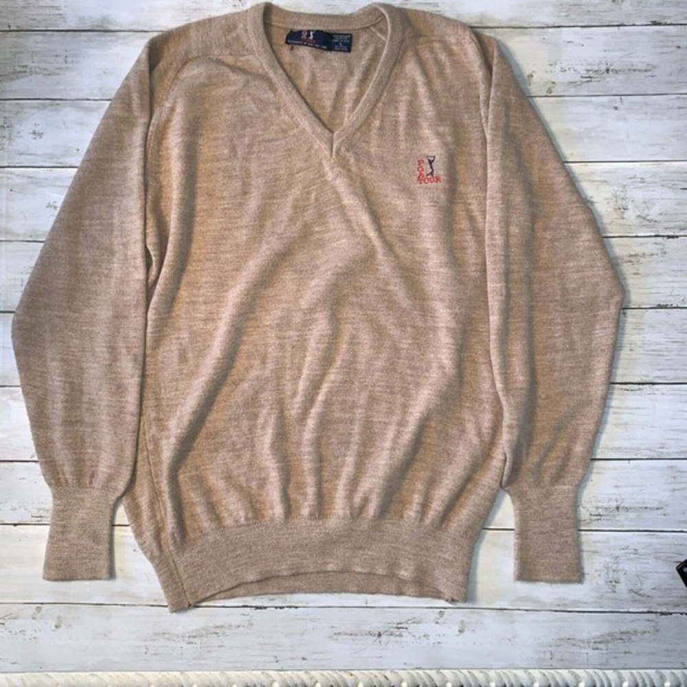 Vintage PGA Tour Men's‎ Sweater 90s V Neck Golf Made USA L Brown Beige Soft